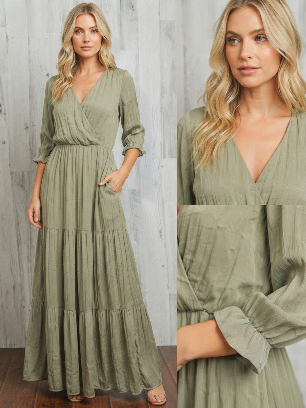 Bella Ella Sage Green Faux Wrap Tiered Maxi Dress Medium Pockets⁠